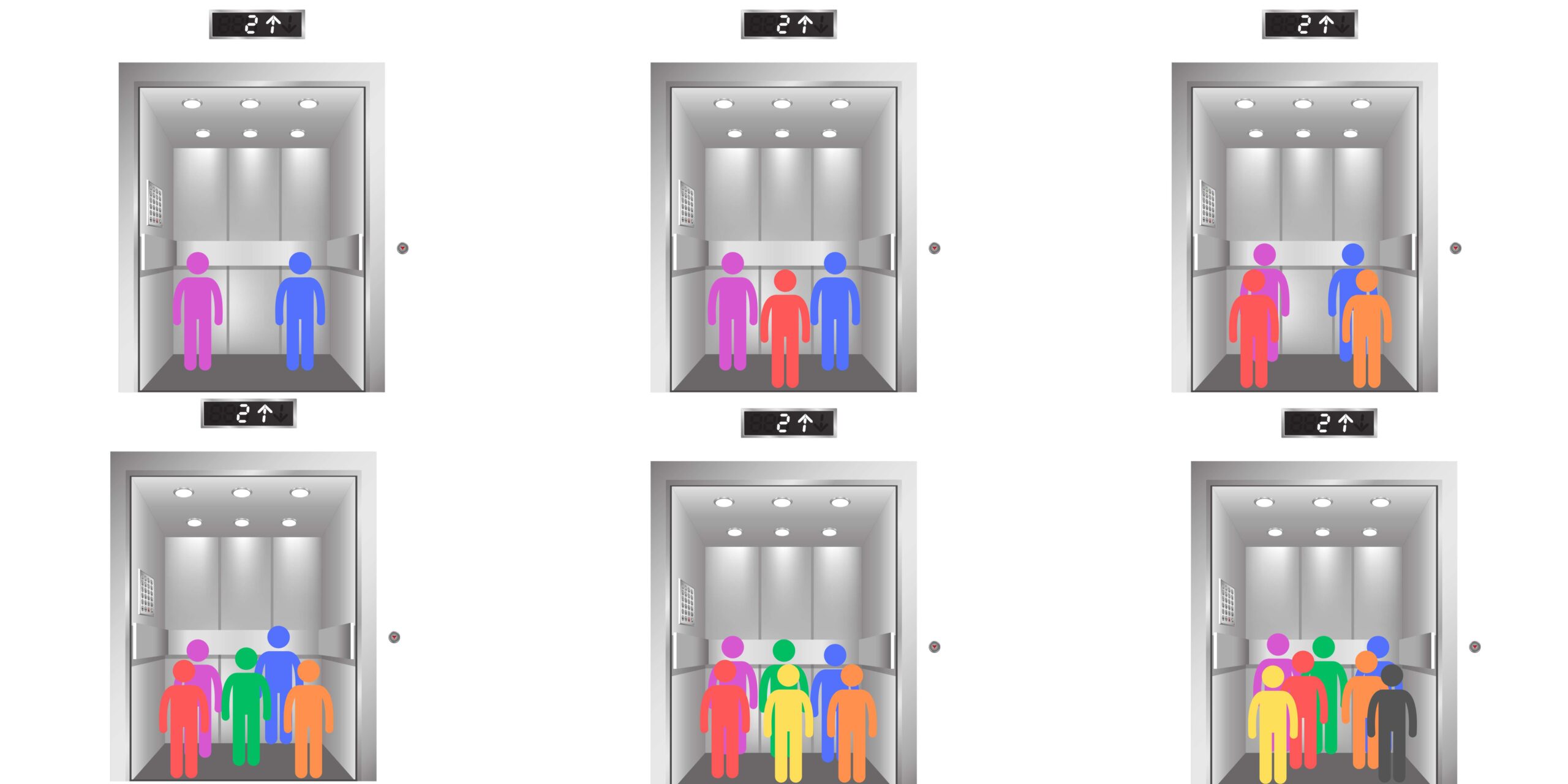 Personas dentro de varios ascensores